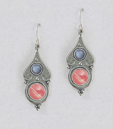 Sterling Silver Rhodocrosite And Grey Moonstone Gemstone Drop Dangle Earrings